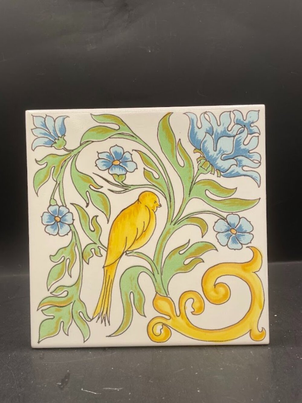 Italian Ceramic Decorative Tile Hand Painted Yellow Bird with Blue Flowers